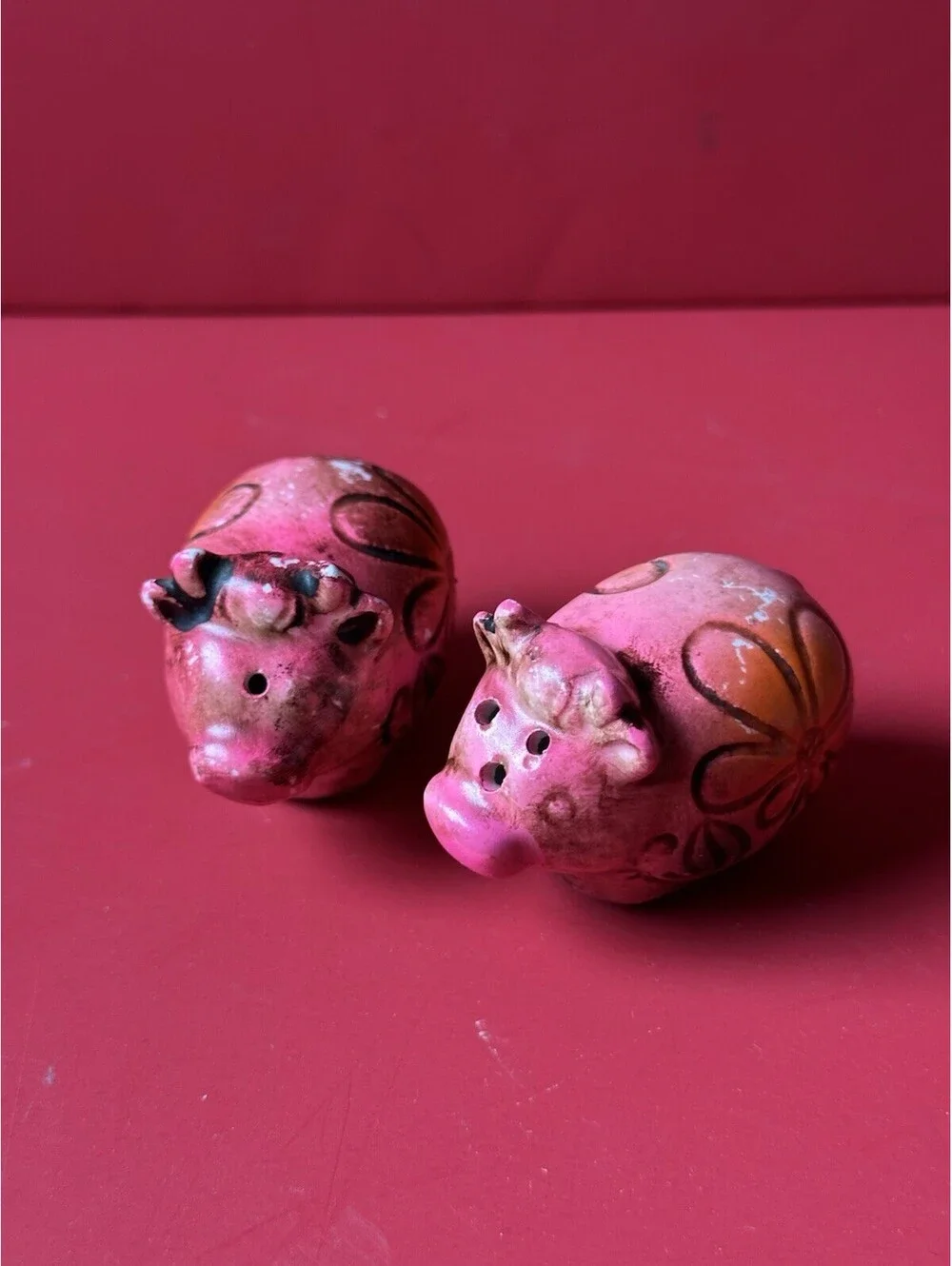 Vintage Floral Pink Pig Salt And Pepper Shaker Set Of Two